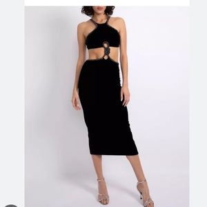 PATBO Black CUT-OUT MIDI DRESS WITH RHINESTONE TRIM velvet midi